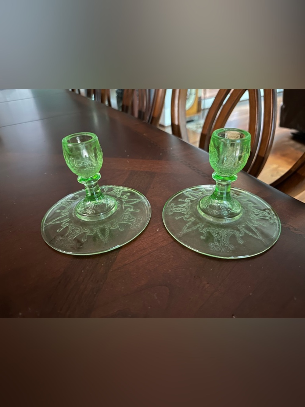 HOCKING GLASS CO. CAMEO or BALLERINA GREEN RARE PAIR 3" TALL CANDLE HOLDERS!